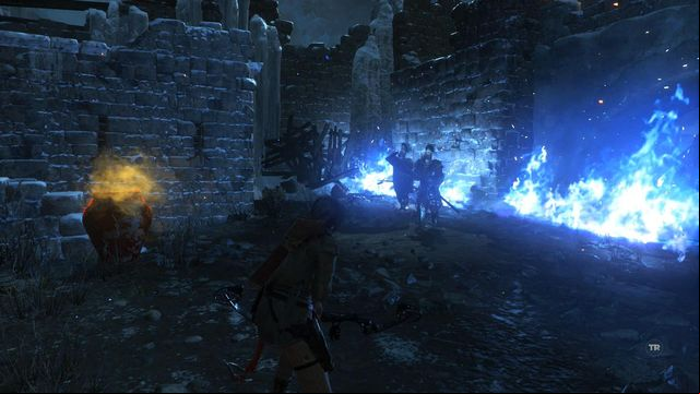 The last phase of fighting with them in this location is restricted to a smaller area surrounded by blue flames - Rise of the Tomb Raider: Cross the walls into the inner city, walkthrough - Into the Hidden City - Rise of the Tomb Raider Guide