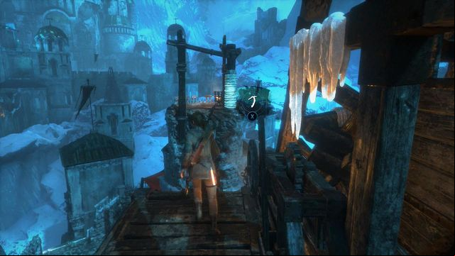 Climb onto the trebuchet and start turning it - Rise of the Tomb Raider: Find a way to destroy the gate, walkthrough - Gate Crasher - Rise of the Tomb Raider Guide