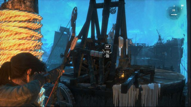After you do that, stand next to the pole wound with rope and shoot an arrow at the horizontal plank that is blocking the trebuchets arm - Rise of the Tomb Raider: Find a way to destroy the gate, walkthrough - Gate Crasher - Rise of the Tomb Raider Guide