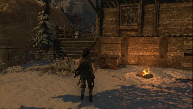 At the campfire in Logging Camp - Rise of the Tomb Raider: Chests, crypt treasures, Soviet Installation secrets - Soviet Installation - Rise of the Tomb Raider Guide