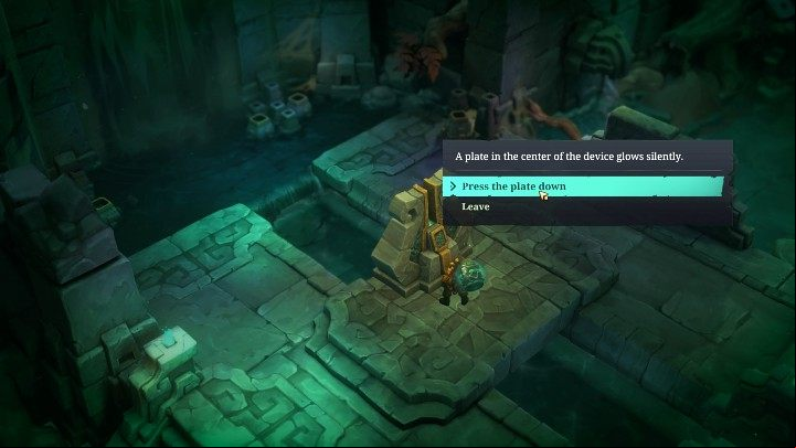 Then approach the device near the closed door and slide the stone plate down to activate the first rune on the closed door - Ruined King: The Buhru Temple puzzle - how to open the door? - FAQ - Ruined King Guide