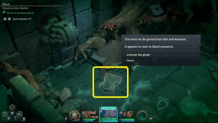 Now go down to the pool on the right side (you will find the stairs behind the pedestal) and activate the glyph plate, which is in the spot marked in the picture above - Ruined King: The Buhru Temple puzzle - how to open the door? - FAQ - Ruined King Guide