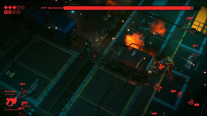 You and the boss must both circle around the chests. Also, when you that, you should fire in short bursts. - t. Bogdan | Head Hunt - Head Hunt - Ruiner Game Guide