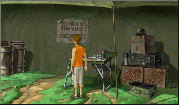 Brian went toward the camp and by the entrance he communicated he wanted to see the commander - Bringing Aolani back to life - Chapter II: Surfin' Mala - Runaway 2: The Dream of the Turtle - Game Guide and Walkthrough