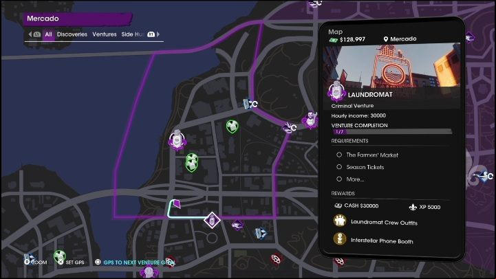 You must build the Laundromat manually, selecting the location of your choice on the venture map - Saints Row 2022: Laundromat - venture description - Ventures - Saints Row Guide, Walkthrough
