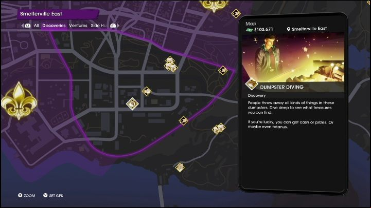 The Dumpster Diving activity is located in the central part of the location, right behind the building with large glass windows - Saints Row 2022: Discoveries (Smelterville East) - list and description of activity - Smelterville East - Saints Row Guide, Walkthrough