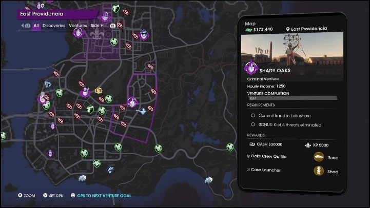 You must build Shady Oaks manually, selecting the location of your choice on the venture map - Saints Row 2022: Shady Oaks - venture description - Ventures - Saints Row Guide, Walkthrough