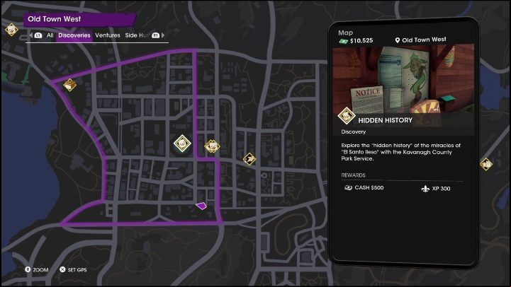 Hidden History activity is located in the eastern part of the West Old Town district, near the border with the next territory - Saints Row 2022: Discoveries (West Old Town) - list and activity descriptions - West Old Town - Saints Row Guide, Walkthrough