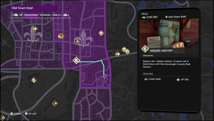 Hidden History activity is located in the western part of the East Old Town district, near the border with another district - Saints Row 2022: Discoveries (East Old Town) - list and description of activity - East Old Town - Saints Row Guide, Walkthrough