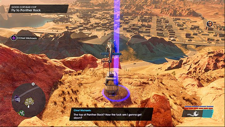 You've successfully persuaded Chief Michaels to change her mind, but you must still drop her off in the middle of nowhere - your destination is the giant rock in the shape of a panther's head - Saints Row 2022: Good Cop / Bad Cop - walkthrough - Walkthrough - Saints Row Guide, Walkthrough