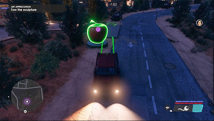 The first sculpture is a huge apple in front of the marked house - Saints Row 2022: Art Appreciation - walkthrough - Walkthrough - Saints Row Guide, Walkthrough
