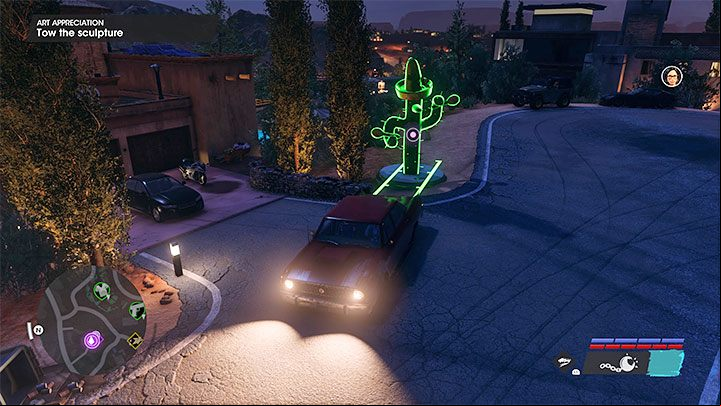 This objective is similar to the previous one - after the failed "negotiations" through the phone you must reach the house with the cactus sculpture in front of it - park in front of it and attach it with your towing cable - Saints Row 2022: Art Appreciation - walkthrough - Walkthrough - Saints Row Guide, Walkthrough