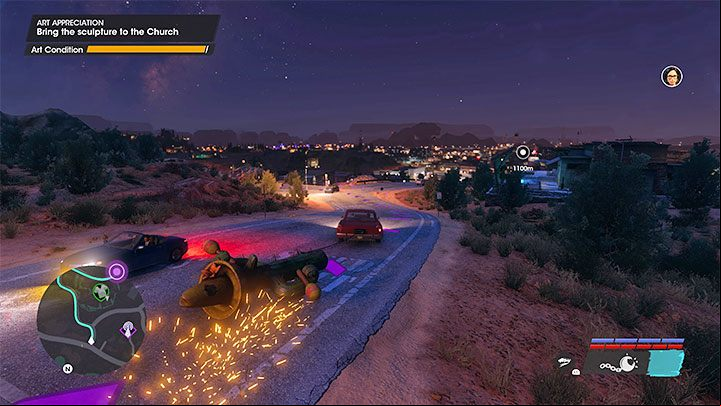 The cactus sculpture has an energy bar and can be destroyed, so be careful when making your way back to the church - Saints Row 2022: Art Appreciation - walkthrough - Walkthrough - Saints Row Guide, Walkthrough