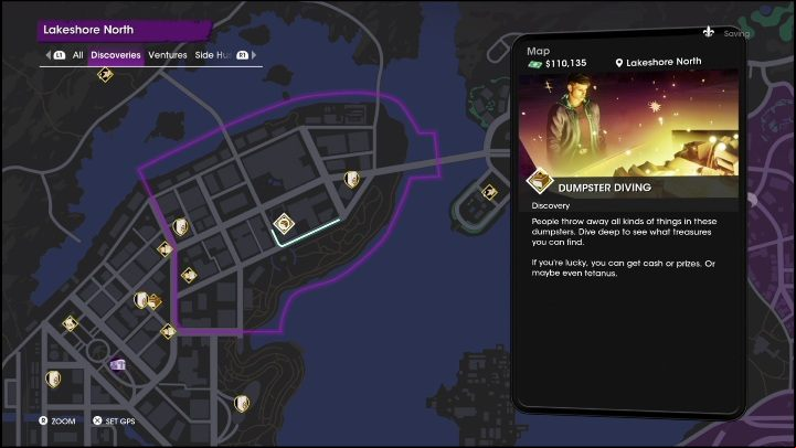Dumpster Diving activity is located in the central part of the district, in the parking lot between the blocks - Saints Row 2022: Discoveries (Lakeshore North) - list and description of activity - Lakeshore North - Saints Row Guide, Walkthrough