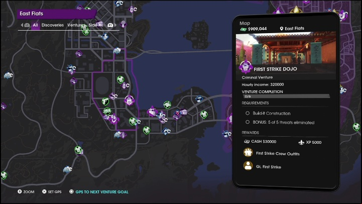 To create First Strike Dojo on the city map, you have to mark its place on the ventures map - Saints Row: First Strike Dojo - venture description - Ventures - Saints Row Guide, Walkthrough