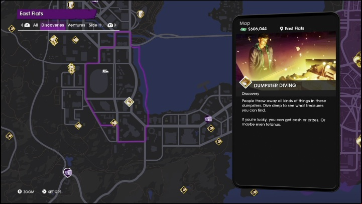 Dumpster Diving ia an activity located in the eastern part of the district - Saints Row 2022: Discoveries (East Flats) - list and descriptions of activities - East Flats - Saints Row Guide, Walkthrough
