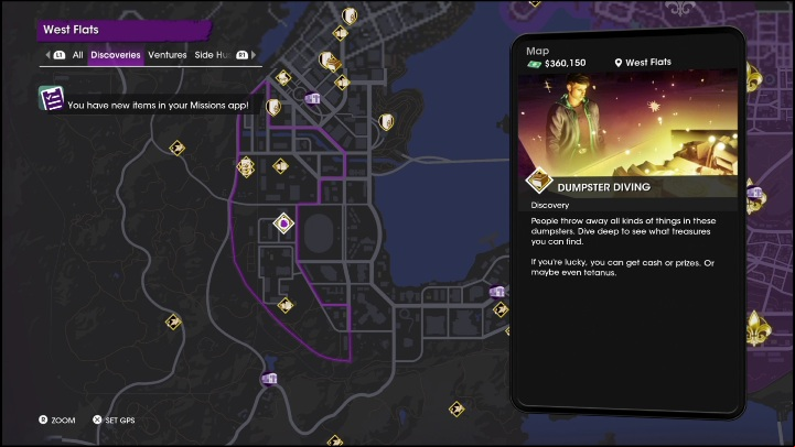 The Dumpster Diving activity is located in the eastern part of the West Flat district - Saints Row 2022: Discoveries (West Flats) - list and descriptions of activities - West Flats - Saints Row Guide, Walkthrough