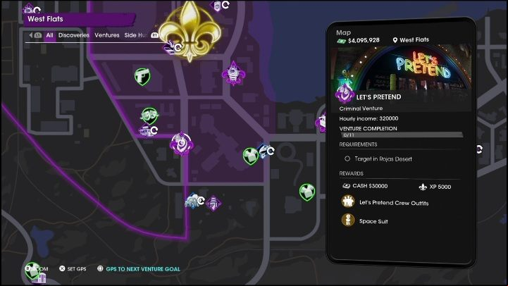 To create Let's Pretend on the city map, you must mark its place on the venture map - Saints Row: Lets Pretend - venture description - Ventures - Saints Row Guide, Walkthrough