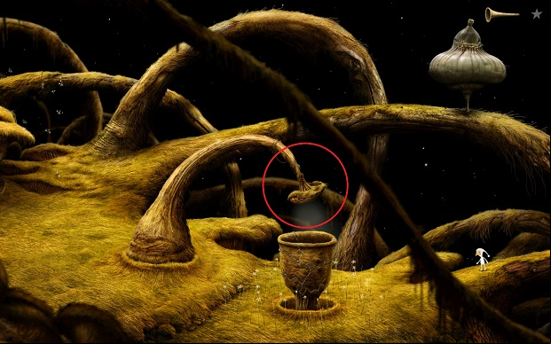 Click on the strainer with the LMB and hold it - Fill the vessel - Shaggy Planet - Samorost 3 - Game Guide and Walkthrough