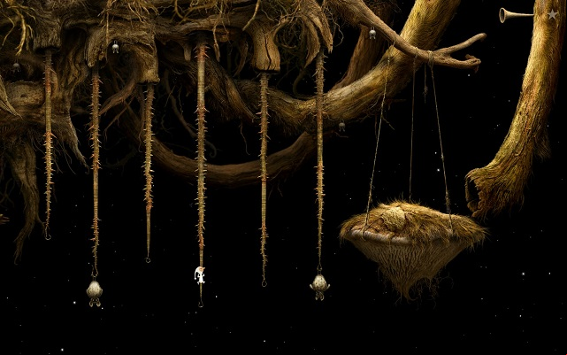 The arrangement shown on the screen allows you to get onto the liana in the middle - Fill the vessel - Shaggy Planet - Samorost 3 - Game Guide and Walkthrough