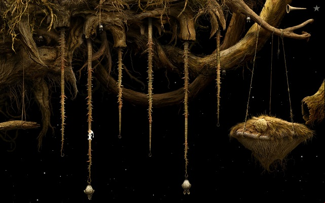 Change the arrangement, so that the character can climb up the next liana - Fill the vessel - Shaggy Planet - Samorost 3 - Game Guide and Walkthrough