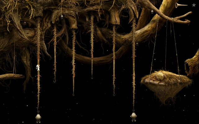 Arranging the bats on the first and the last liana will allow you to get to the small ledge on the other side of the hill - Fill the vessel - Shaggy Planet - Samorost 3 - Game Guide and Walkthrough