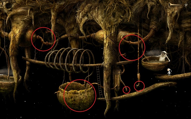 Pay attention to the areas marked with red circles - Fill the vessel - Shaggy Planet - Samorost 3 - Game Guide and Walkthrough