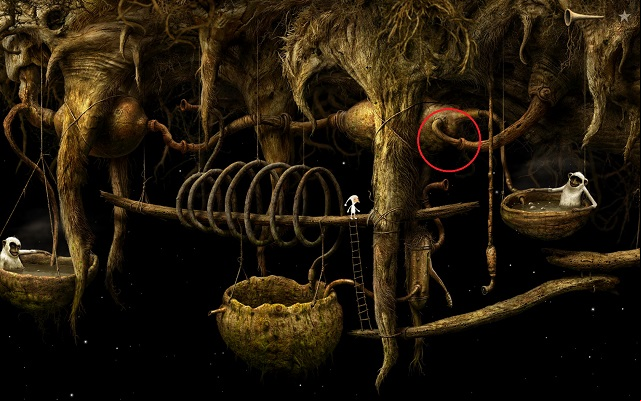 The next goal is to disconnect the pipes marked with the red circle - Fill the vessel - Shaggy Planet - Samorost 3 - Game Guide and Walkthrough