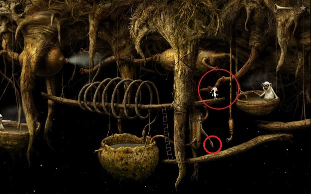 In order to fill the large water tank, move the connector to the pipes above the pump - Fill the vessel - Shaggy Planet - Samorost 3 - Game Guide and Walkthrough