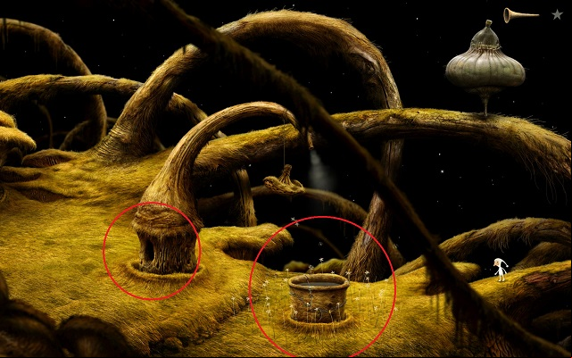 After filling the vessel with water, it will be lowered a little bit, pushing the plant that the water flew through upwards - Fill the vessel - Shaggy Planet - Samorost 3 - Game Guide and Walkthrough