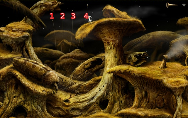 The correct order of the interaction (in accordance to the numbers shown on the above screenshot) is as follows: 1, 3, 3, 2, 4, 1 - Finding the key - Shaggy Planet - Samorost 3 - Game Guide and Walkthrough