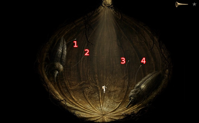 The first one is: 1, 3, 3, 2, 4, 1 - Finding the key - Shaggy Planet - Samorost 3 - Game Guide and Walkthrough