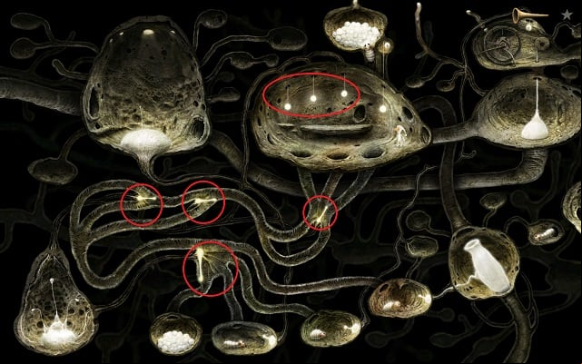 to place a ball in the correct nest, you have to use the rest of the lines to set the marked barriers into correct configuration - Free the bee - Great log - Samorost 3 - Game Guide and Walkthrough