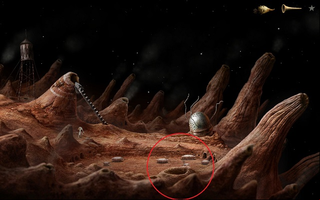 Before you start the main task, note the crabs circled in the above screenshot - Start the elevator - Volcanic Vent Planet - Samorost 3 - Game Guide and Walkthrough
