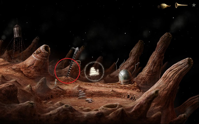 After you collect the book, note the object circled in the screenshot - Start the elevator - Volcanic Vent Planet - Samorost 3 - Game Guide and Walkthrough