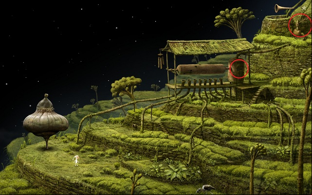 After you land on the Monk Planet, take a look at the circled elements of the surrounding - Enter the tower - Monk Planet - Samorost 3 - Game Guide and Walkthrough