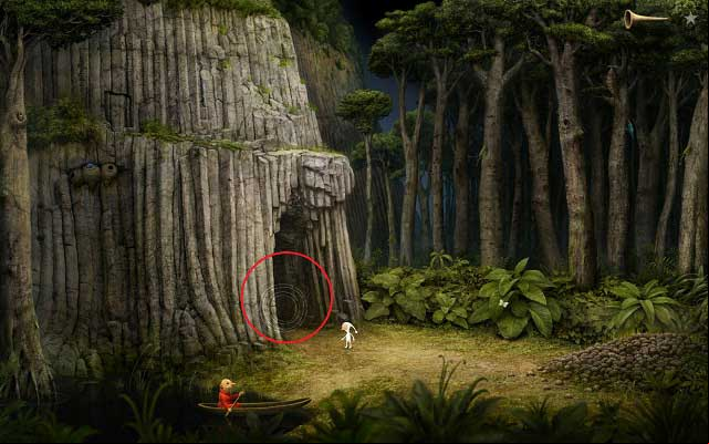In the next area, use the trumpet over the circled area - Enter the tower - Monk Planet - Samorost 3 - Game Guide and Walkthrough