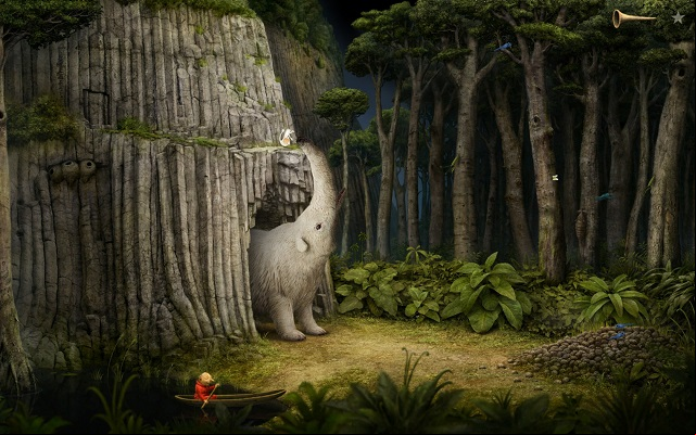 Out of gratitude, the animal will help you up onto the ledge, or down onto the ground, each time you need it - Enter the tower - Monk Planet - Samorost 3 - Game Guide and Walkthrough