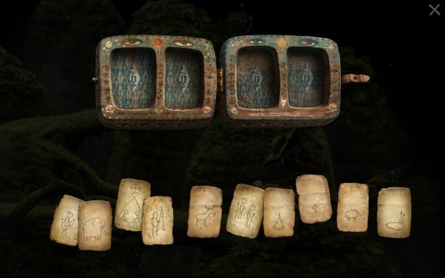 The cards represent (left to right): archer, mammoth, tent, fisherman, stag, spearmen, fire, mushroom, boar and pond - Mushroom pickers puzzle - Home Planet - Samorost 3 - Game Guide and Walkthrough