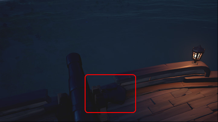 The brightness in the above picture was greatly increased so that it is possible to see the character in black clothes (marked with a red frame) crouching behind the cannon by using the Hide emoticon - Sea of Thieves: Tucking - plundering tips - For Landlubbers - Sea Of Thieves Guide