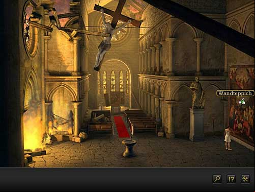 So check the tapestry hanging on the right - you have to remove it somehow to see what's on the other side - Get rid of the tapestry - Chapter 1 - Berlin, - Secret Files 3: The Archimedes Code - Game Guide and Walkthrough