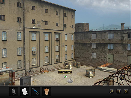 Now click on the sack tied to the bars and then click with sack on the inner courtyard, suggesting pulling it outside - Get to the adjacent building - Chapter 5 - Alcatraz, USA - Secret Files 3: The Archimedes Code - Game Guide and Walkthrough
