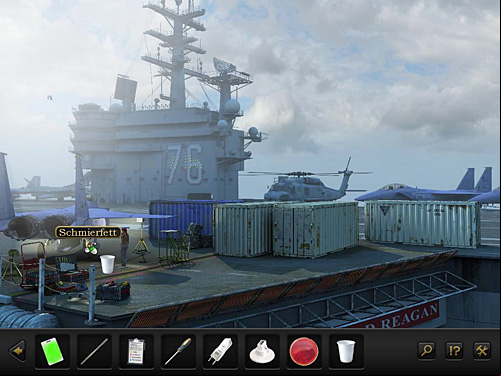 Return to the cruiser's deck and take some grease to the cup (from the airplane on the left) and then combine it with the red glass - it turns orange - Get into the container with white markings - Chapter 6 - Aircraft carrier, Spain - Secret Files 3: The Archimedes Code - Game Guide and Walkthrough