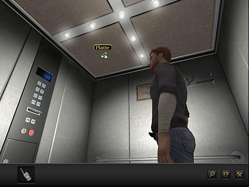 In this situation take a look at one of the metal plates on the elevator's ceiling - Get to the surface - Chapter 9 - CERN, Switzerland - Secret Files 3: The Archimedes Code - Game Guide and Walkthrough