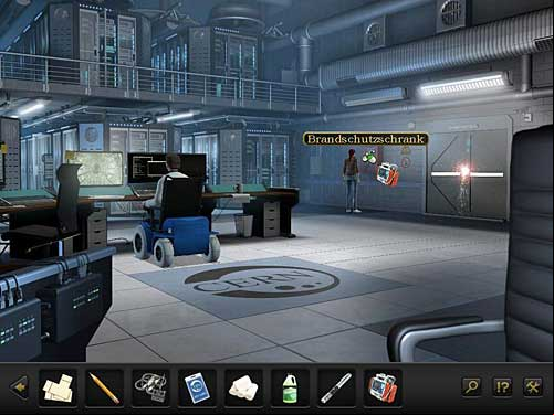 In order to stop them, hit the glass in fire cabinet (left from the door) with heavy defibrillator and take the axe - Stop the mercenaries - Chapter 9 - CERN, Switzerland - Secret Files 3: The Archimedes Code - Game Guide and Walkthrough