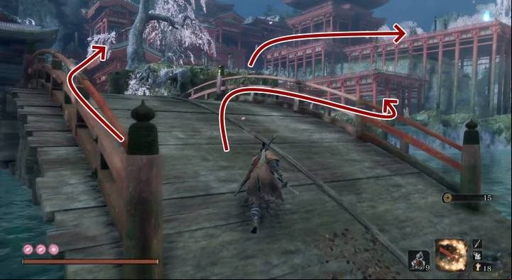Heading from sculptor idol to the Flower Viewing Stage across the bridge, the easiest way would be to under the buildings between the beams of the woods or the rear side of it, where it is also relatively safe - Fountainhead Palace | Sekiro Shadows Die Twice Walkthrough - Main story - Sekiro Guide and Walkthrough