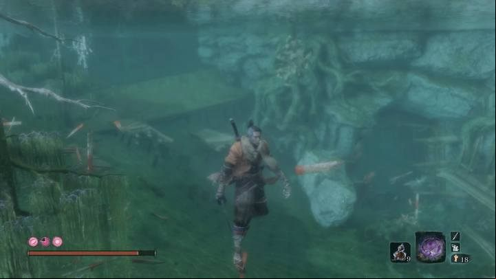 To continue the journey, you need jump into the lake and swim under water towards the rocks after defeating the Okami Lord Shizu boss - Fountainhead Palace | Sekiro Shadows Die Twice Walkthrough - Main story - Sekiro Guide and Walkthrough