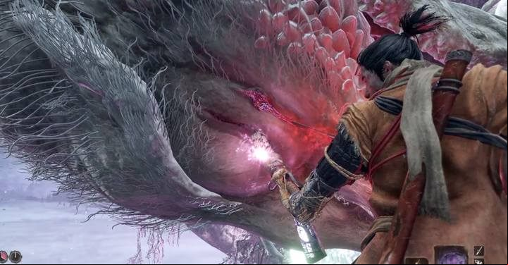 Apply the final blow, climbing the swords next to the dragons head - Divine Dragon - main boss in Sekiro: Shadows Die Twice game - Bosses - Sekiro Guide and Walkthrough