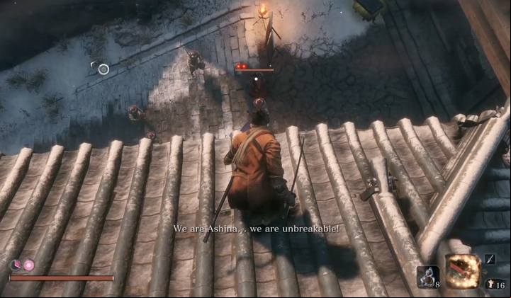 You can perform the first Deathblow by jumping down on the general from the rooftop of the building on the left - General Kuranosuke Matsumoto | Sekiro Shadows Die Twice Boss Fight - Bosses - Sekiro Guide and Walkthrough