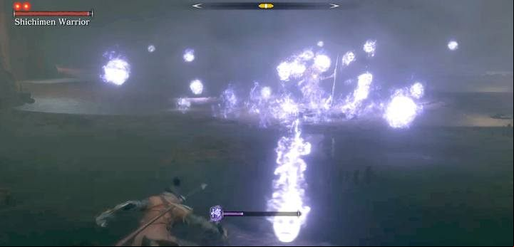 When the mini-boss starts summoning orbs, the area around him will inflict Terror damage. - Shichimen Warrior | Sekiro Shadows Die Twice Boss Fight - Bosses - Sekiro Guide and Walkthrough
